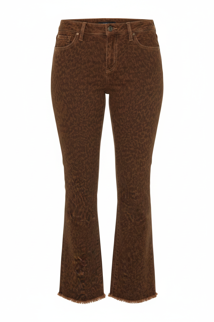 Liverpool Hannah brown animal print crop flare jeans, full length on white background