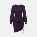 Susana Monaco deep purple ruched mini dress with blouson sleeves on white background