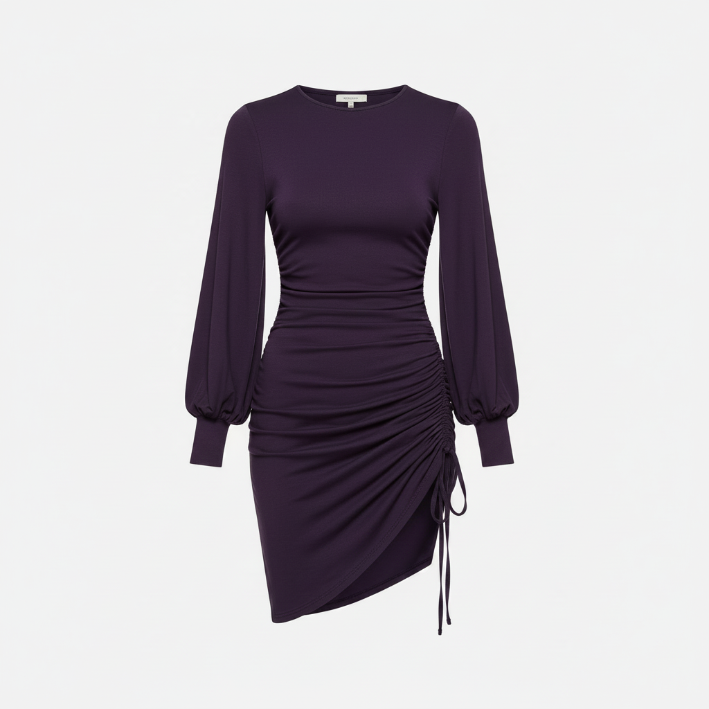 Susana Monaco deep purple ruched mini dress with blouson sleeves on white background