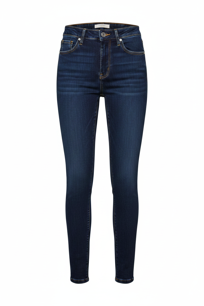 7 For All Mankind dark indigo high-rise skinny jeans, full length flat lay on white background