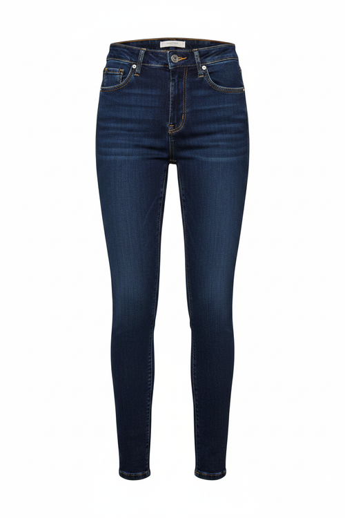 7 For All Mankind dark indigo high-rise skinny jeans, full length flat lay on white background