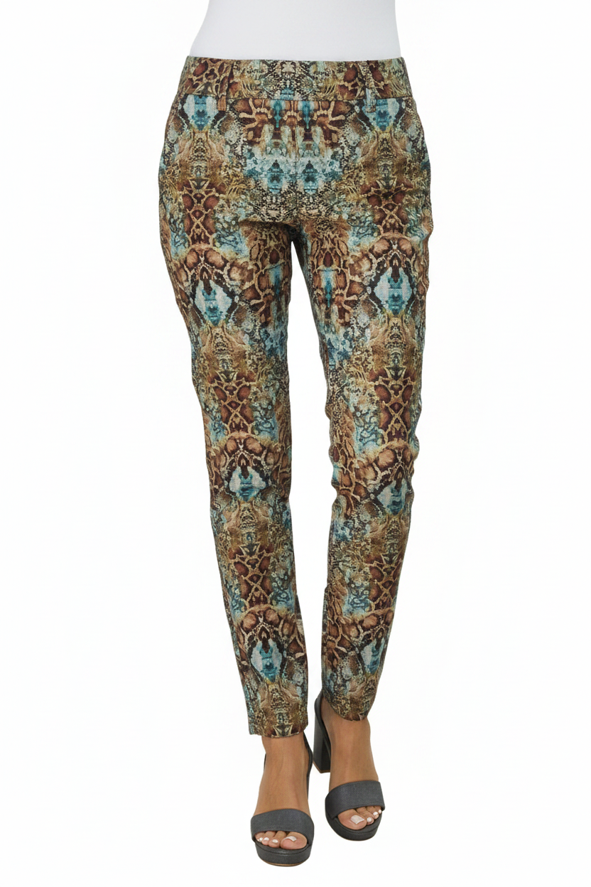 Bevy Flog Dafna multi turquoise print pants, full length on white background