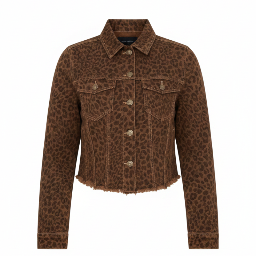 Liverpool brown animal print cropped jacket with fray hem, on white background