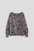 Andree By Unit grey knit sweater with red lips print on white background