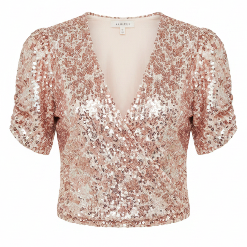 Heartloom pink sequin faux wrap top on white background