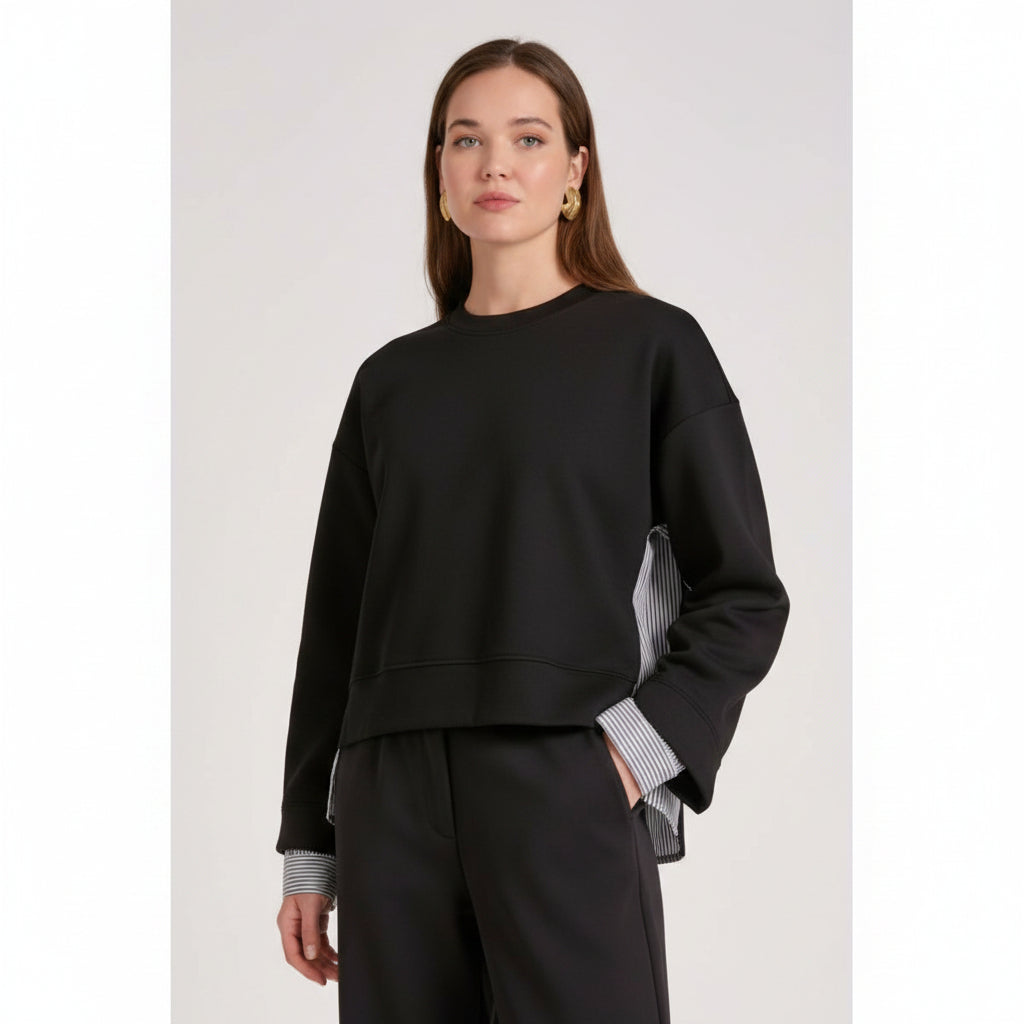 Elan Layered Black Sweatshirt with Shirttail