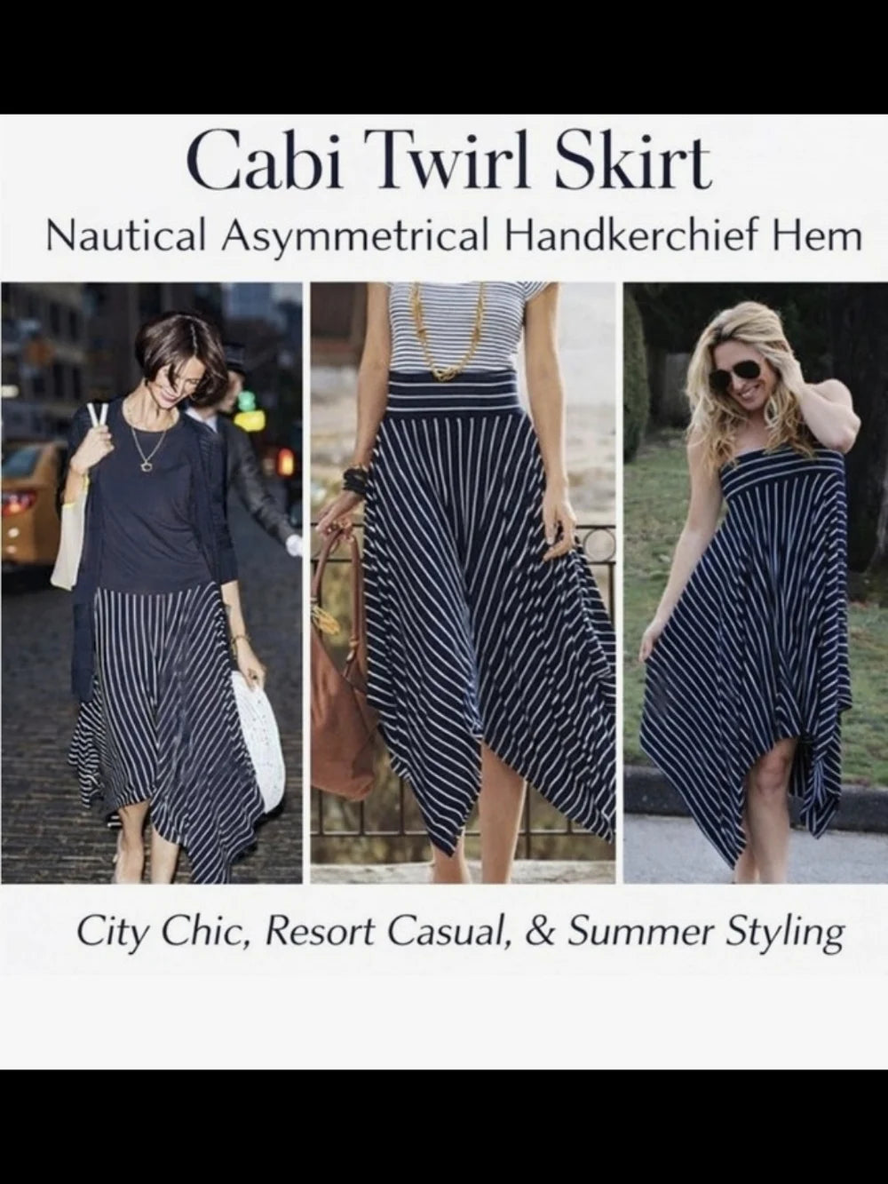 Cabi 5183 Twirl Skirt - Navy & White Striped Asymmetrical Hem Size L