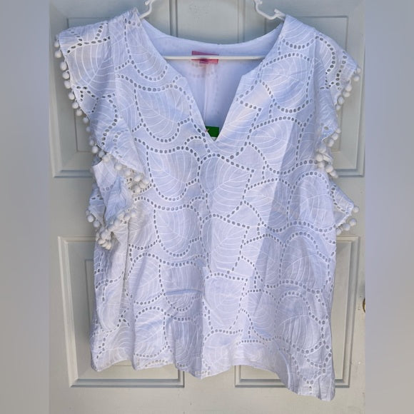Lilly Pulitzer White Astara Top Women’s Eyelet Pom-Pom top Size Large