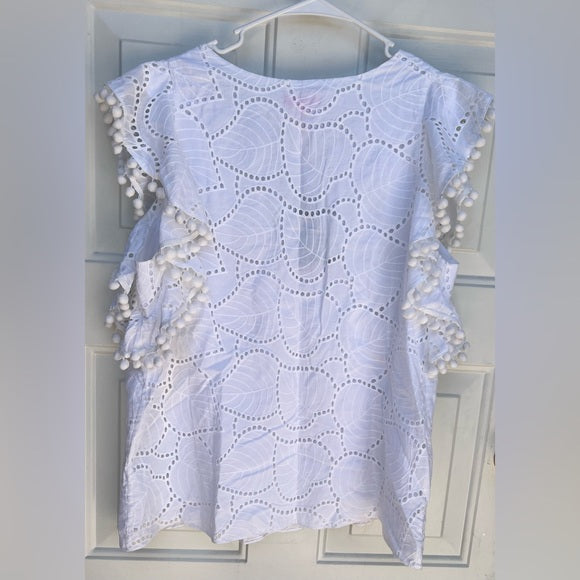 Lilly Pulitzer White Astara Top Women’s Eyelet Pom-Pom top Size Large