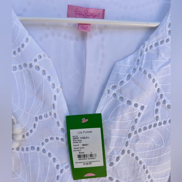 Lilly Pulitzer White Astara Top Women’s Eyelet Pom-Pom top Size Large