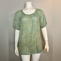CAbi Blouse 602 Size Medium Pebble Blue Green Print Sheer Flowy Shirt Sleeve