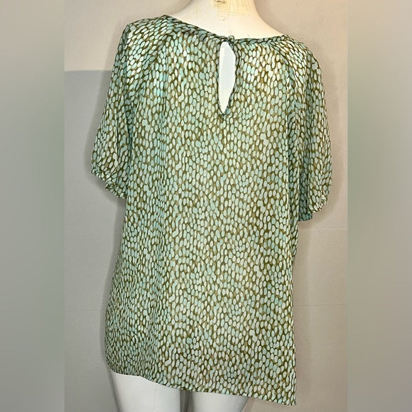 CAbi Blouse 602 Size Medium Pebble Blue Green Print Sheer Flowy Shirt Sleeve