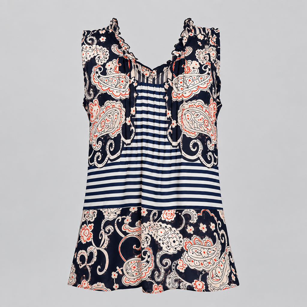 Cabi 5349 Blue Floral Paisley Striped Sheer Peplum Top Size Medium