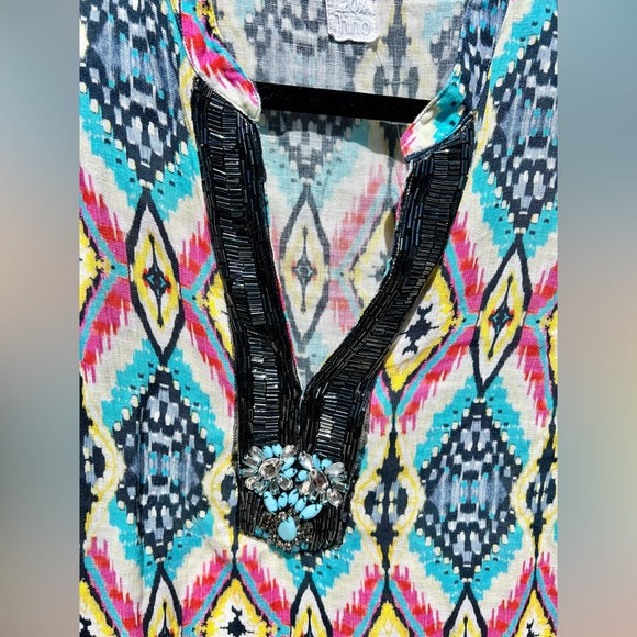 120% Lino Aztec Print Midi Dress Size 48