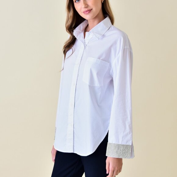 Rhinestone Embellished Cuff Tunic Button Up Top