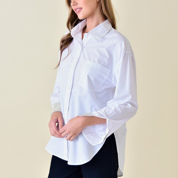 Rhinestone Embellished Cuff Tunic Button Up Top