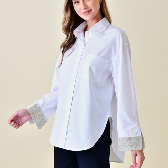 Rhinestone Embellished Cuff Tunic Button Up Top