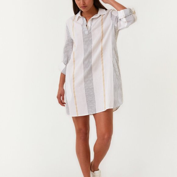 Yarn Dye Striped Collared Mini Shirt Dress