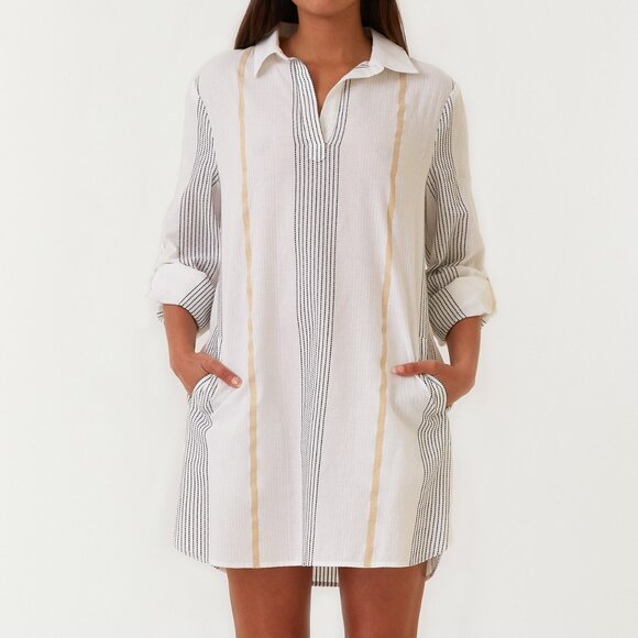 Yarn Dye Striped Collared Mini Shirt Dress