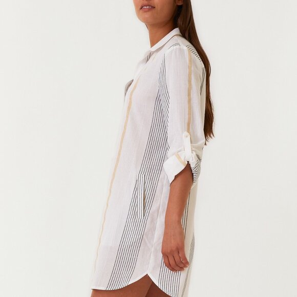 Yarn Dye Striped Collared Mini Shirt Dress