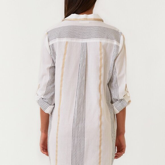 Yarn Dye Striped Collared Mini Shirt Dress