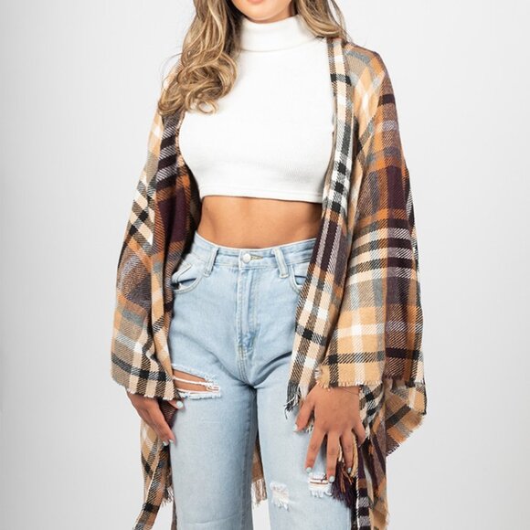 Plaid Ruana with Belted Wrap Fall Camel Brown