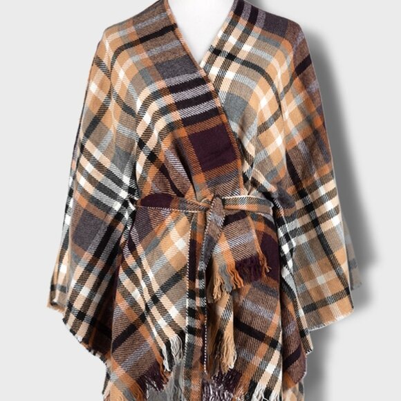 Plaid Ruana with Belted Wrap Fall Camel Brown