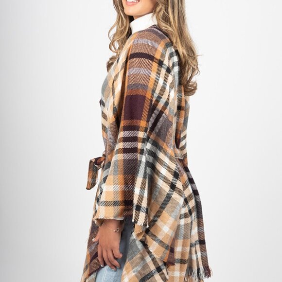 Plaid Ruana with Belted Wrap Fall Camel Brown