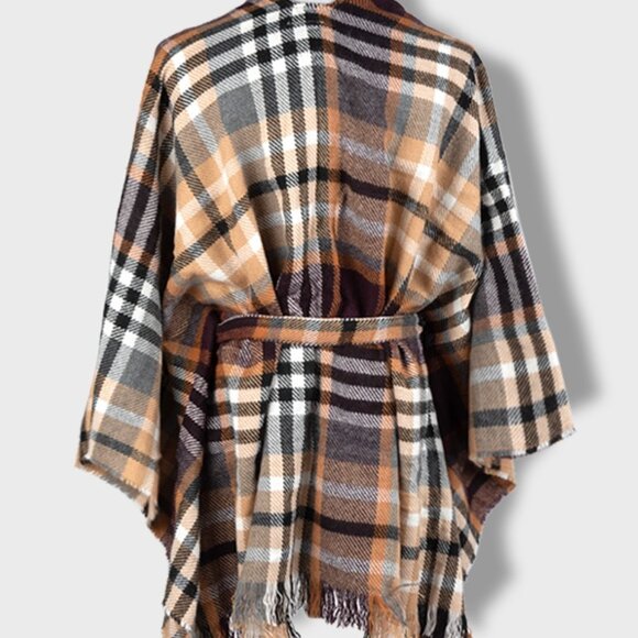 Plaid Ruana with Belted Wrap Fall Camel Brown