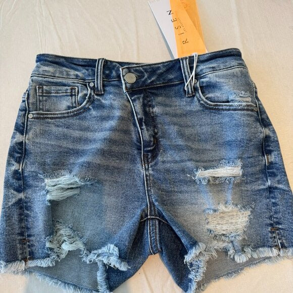 Risen Stepped Waist Frayed Denim Shorts -Small