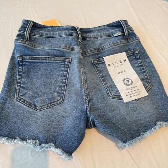 Risen Stepped Waist Frayed Denim Shorts -Small