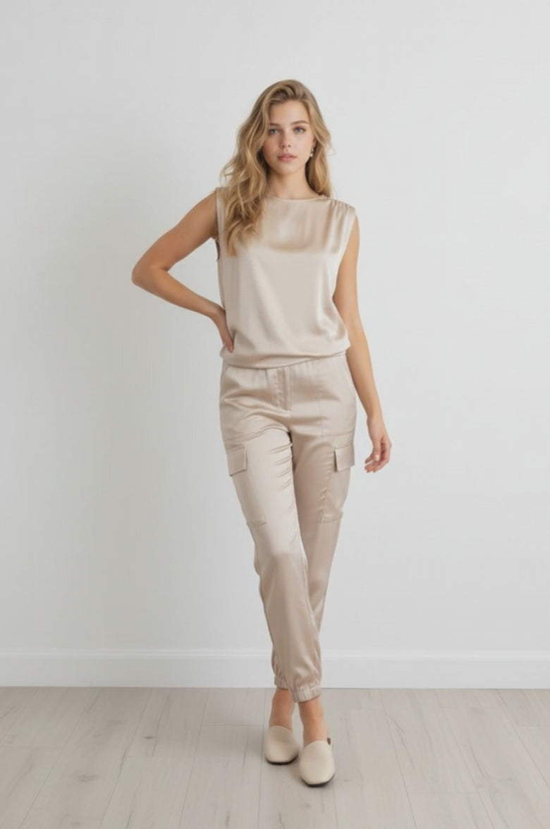 Skies Are Blue Ivory Satin Cargo Joggers Size Medium