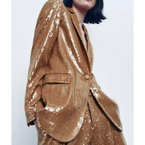 Zara Sequined Blazer pants Set Limited Edition. Brown.
