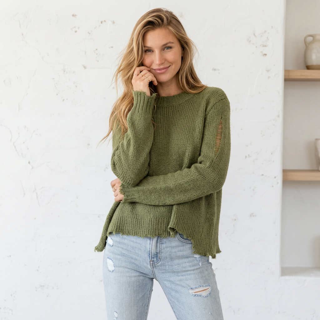 Wooden Ships Distressed Olive Green Sweater Size S/M